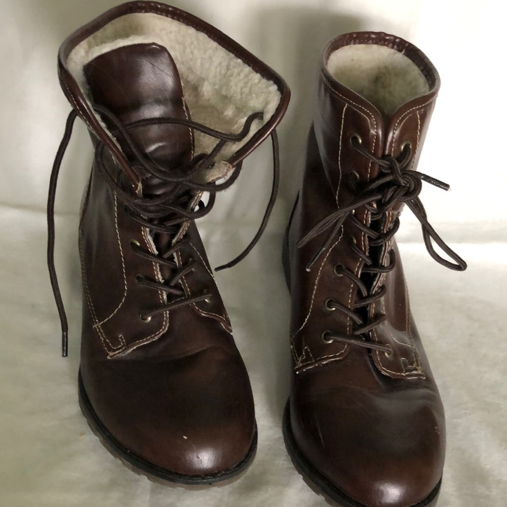 Brown 1 inch heel lace up ankle boot